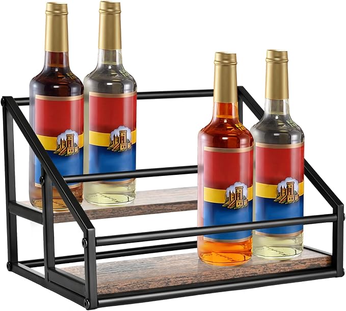 YQBRAO 2-Tier Coffee Syrup Organizer, 8-Bottle Rack, Rustic Brown | Holds up to 8 bottles in two raised rows for coffee bars, kitchens, counters, and beverage stations. by Unknown