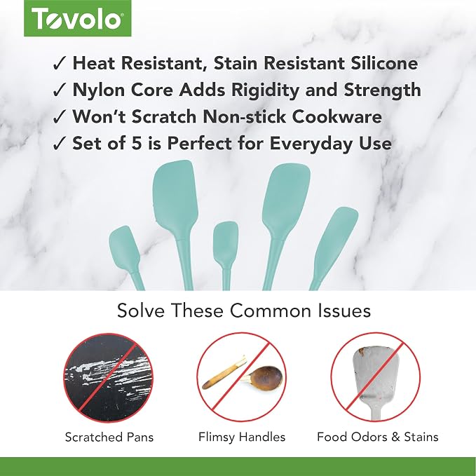 Tovolo Flex Core 5 Piece Silicone Spatula Set Heat Resistant All Silicone Utensils Include Non Stick Spatula Spoonula Jar Scraper, Dishwasher Safe Spatulas for Baking Mixing, Aqua Seafoam Green - Image 3