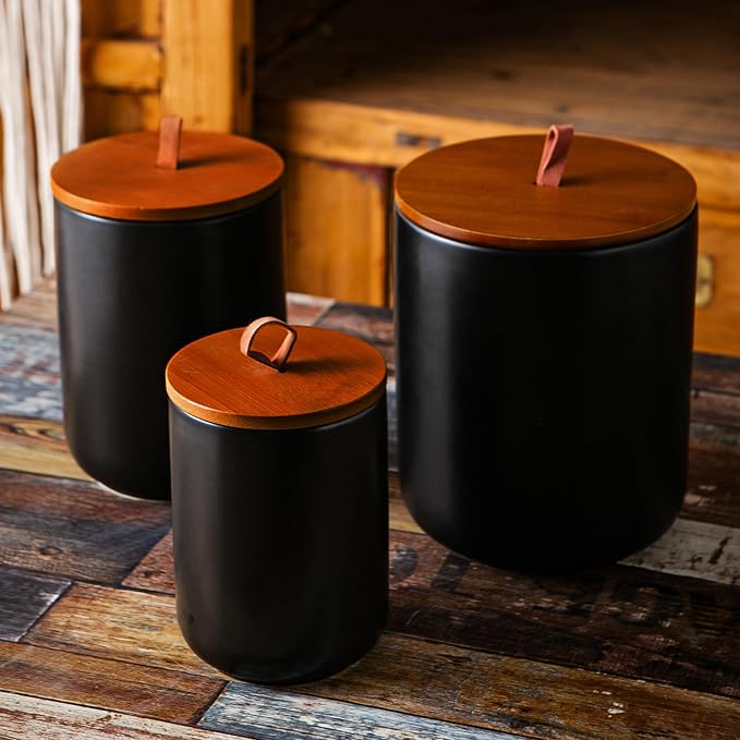 JOJUNO Black Ceramic Food Storage Canister Set (30 oz, 48 oz, 82 oz) with Bamboo Lids, 3-Piece Airtight Jars for Flour, Sugar, Coffee, Tea, Oats, Spice – Kitchen Storage Containers with Lids - Image 6