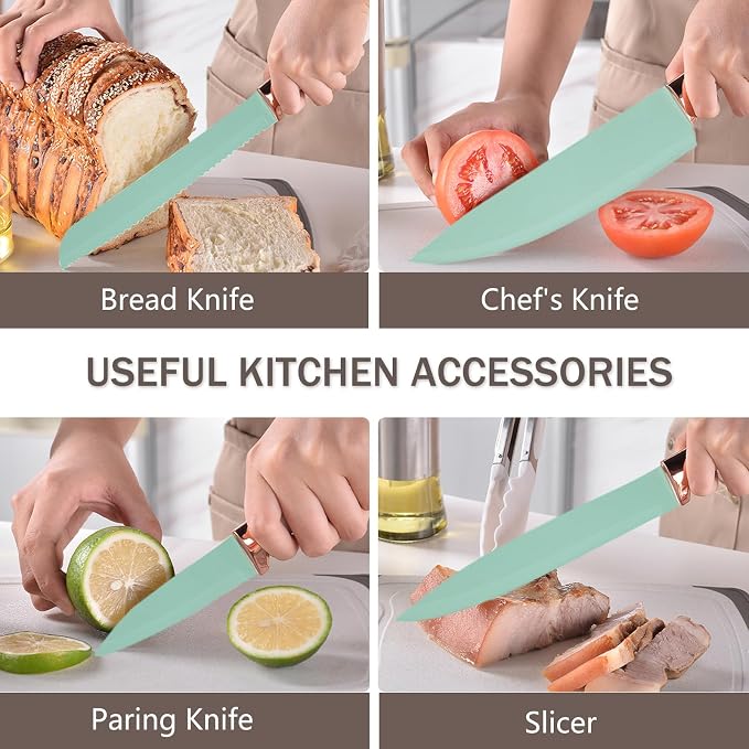 Cooking Utensils Set - 19 Piece Set with 11 Spatulas, 6 Sharp Knives, Silicone Utensils & Cutting Board (Green) - Image 7