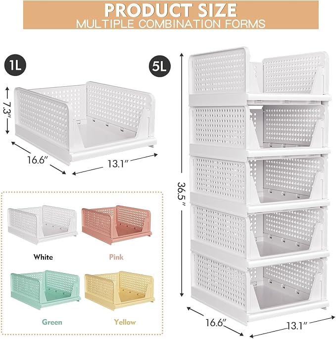 8 Pack Stackable Closet Storage Basket - Stackable Storage Bins | Multifunctional & Foldable Closet Organizer Waterproof, Wardrobe Cupboard Space-Saving Storage Drawer Organizer - Image 3