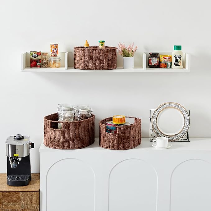 Wicker Storage Basket, Set of 3 Hand-woven Storage Baskets for Organizing, Round Large Wicker Baskets for Storage Decor, Pantry Storage Cubes Organization Baskets for Shelves, Brown - Image 3