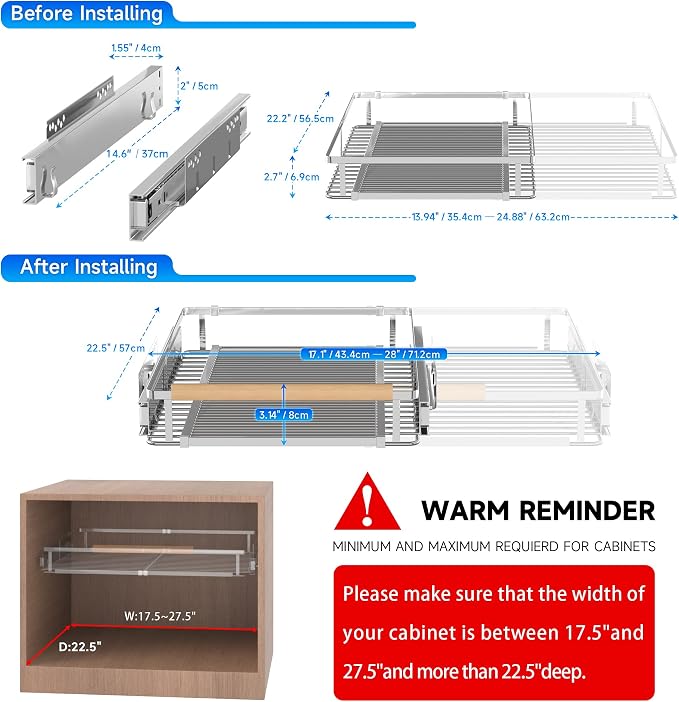 Pull Out Cabinet Organizer, 17.1~28"W x 22.5"D Expandable Pull Out Shelves for Kitchen Cabinets, Heavy Duty Metal Slide Out Pantry Shelves Sliding Shelf for Home Kitchen,Under Sink,Bathroom,Wardrobe - Image 2