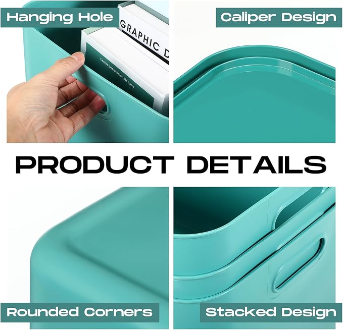 8 Pieces Colorful Storage Bins with Lid, Plastic Storage Basket Organizing Container Stackable Box with Handle for Shelves Desktop Playroom Office(16.1 x 12.0 x 9.7 Inch,Green) - Image 3