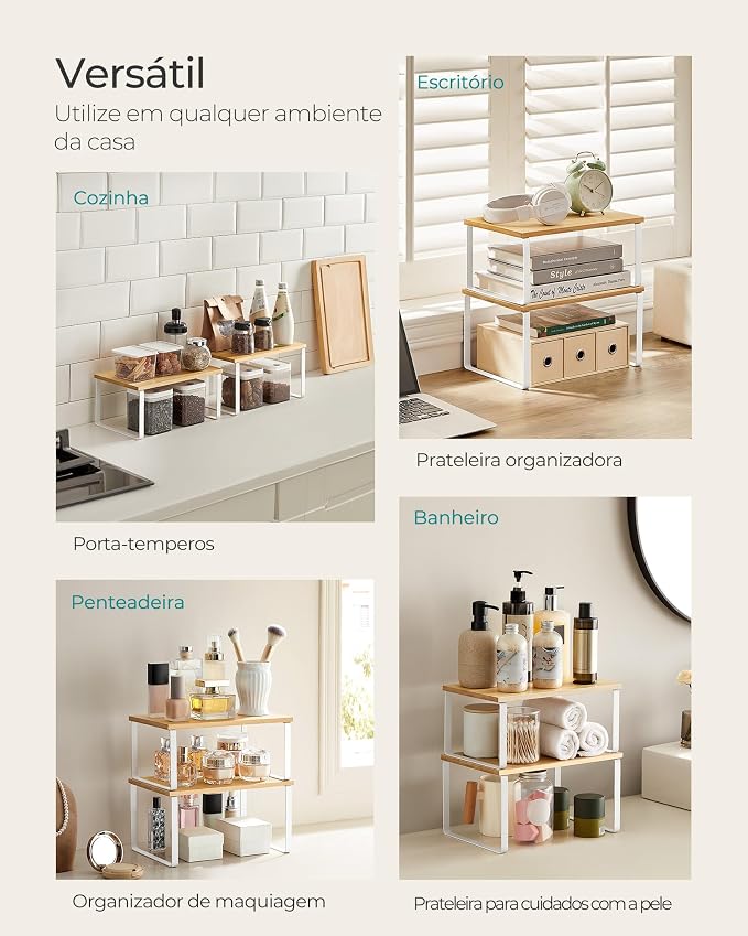 SONGMICS Cabinet Organizer Shelf, Set of 2 Kitchen Counter Shelves, Kitchen Storage, Spice Rack, Stackable, Expandable, Metal and Engineered Wood, 11.7 Inches, Cloud White and Natural Beige UKCS02NW - Image 6