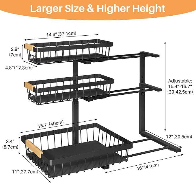 PXRACK Under Sink Organizer, 1-Pack 3-Tier Height Adjustable Thickened Metal Pull out Cabinet Organizer Shelf, Slide out Storage Drawer Rack for Bathroom Kitchen Pantry Home Organization, Black - Image 8