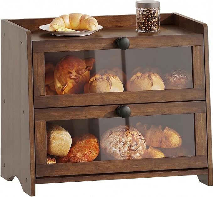 BAMBANG Bread Box for Kitchen Countertop, Extra Large Bamboo Bread Storage Container for Homemade Bread, Double Layer Sourdough Breadox, Bread Bin Organizer for Counter Cabinet Pantry, Amber by BAMBANG