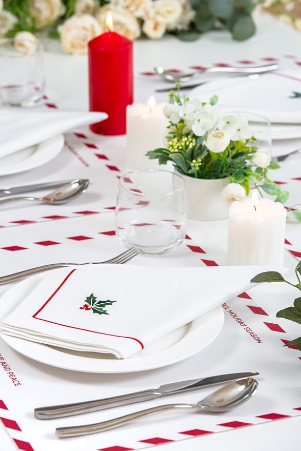 Hofdeco Premium Classic Christmas Holiday Cotton Cloth Napkins Set of 4, Washable Dinner for Christmas, Events, Parties, Embroidered Holly Red Green, 20"x20" - Image 3