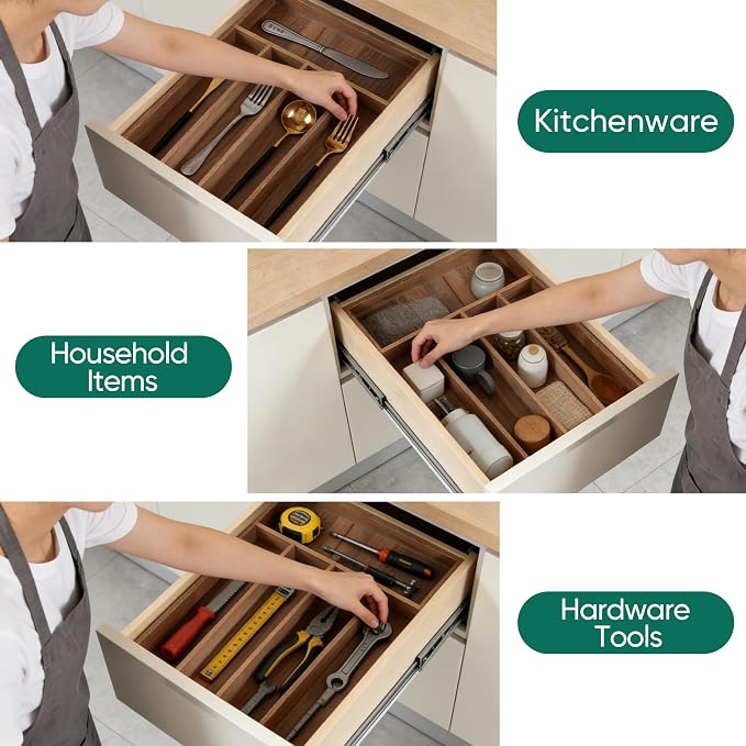 Acacia Wood Silverware Drawer Organizer, 5-Compartment Cutlery Tray | Fixed 10.08 x 13.78 x 1.97 in acacia wood tray with 5 compartments, reinforced base, and four anti-slip corner pads - Image 7