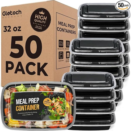 Glotoch Meal Prep Containers 32oz 50 Pack(100 Piece) with Lids, Plastic Food Storage Containers Reusable, Bento Boxes for Portion Control,Takeout, Lunch, Salad, Microwave/Freezer/Dishwasher safe by GlotochExpress