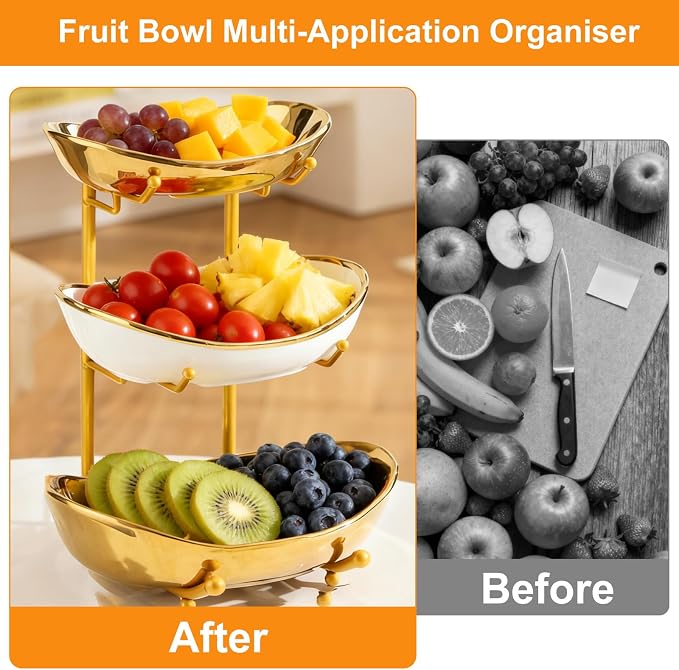 3 Tier Fruit Bowl for Kitchen Counter,Ceramic Bowl with Gold Metal Stand,3 Tier Fruit Basket for Vegetable Bread Candy Snack Nuts Dessert Cake Tray (Gold) - Image 5