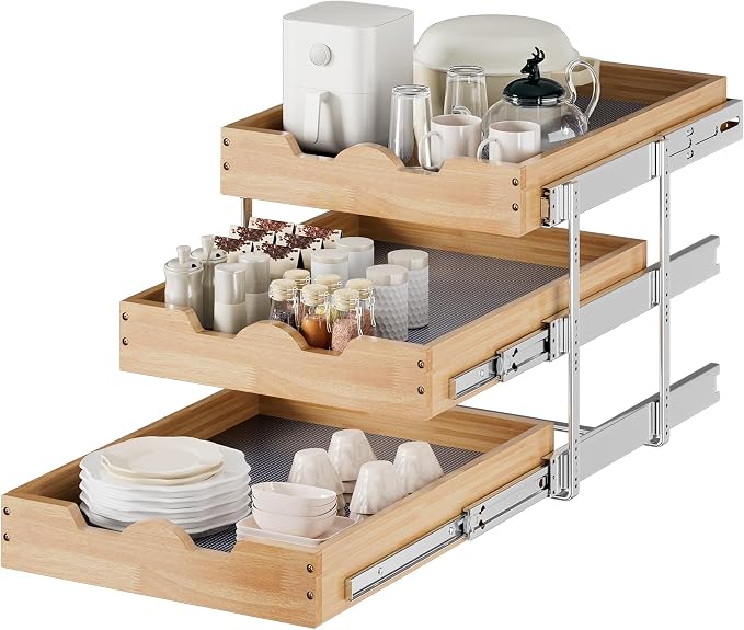 DINDON 3 Tier Pull Out Cabinet Organizer 17”W X21”D Slide Out Shelves With Shelf Liner for Kitchen Wood Roll Out Drawers Pantry Organization by DINDON