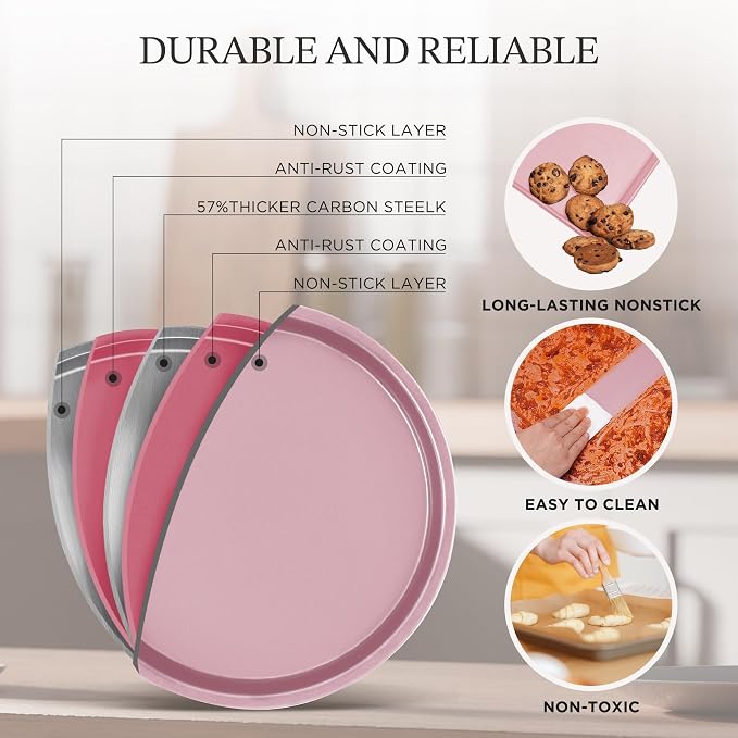 KITESSENSU Baking Pans Sets, Nonstick Bakeware Sets 19-Piece with Round/Square Cake Pan, Loaf Pan, Muffin Pan, Cookie Sheet, Roast Pan, Cooling Rack, Carbon Steel Bake Set Pink - Image 5