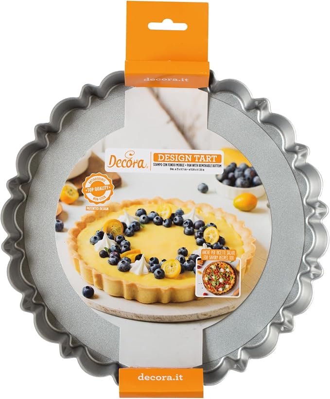 Decora 0075052 Non-Stick Steel Round Design Tart Pan 9.84" Diameter x 1.18" High with Loose Removable Bottom, for Easy Demolding, Professional Design Registered, Patented by DECORA