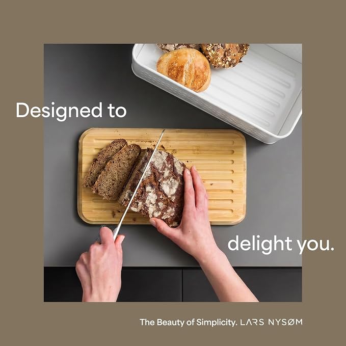 LARS NYSØM Bread Box I Metal bread box for long lasting freshness with non-slip pads I Baked goods Bin with bamboo lid usable as cutting board I 13.6x7.3x6.2in (Cream Beige) - Image 3