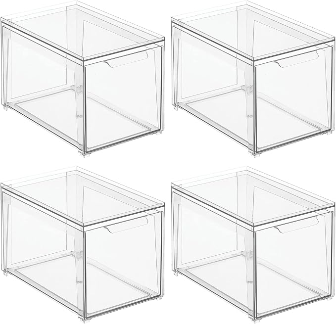 mDesign Plastic Stackable Closet Storage Organizer Bins with Pull Out Drawer for Cabinet, Desk, Shelf, Cupboard, or Dresser Organization - Lumiere Collection - 4 Pack - Clear - Image 10