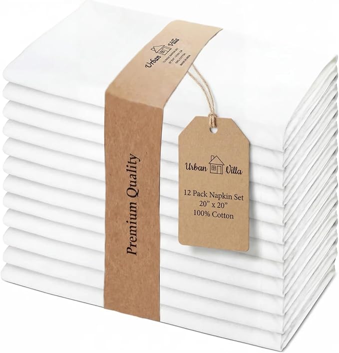 Urban Villa Cloth Napkins Cotton 20x20 (Set of 12) White by CottonTrends
