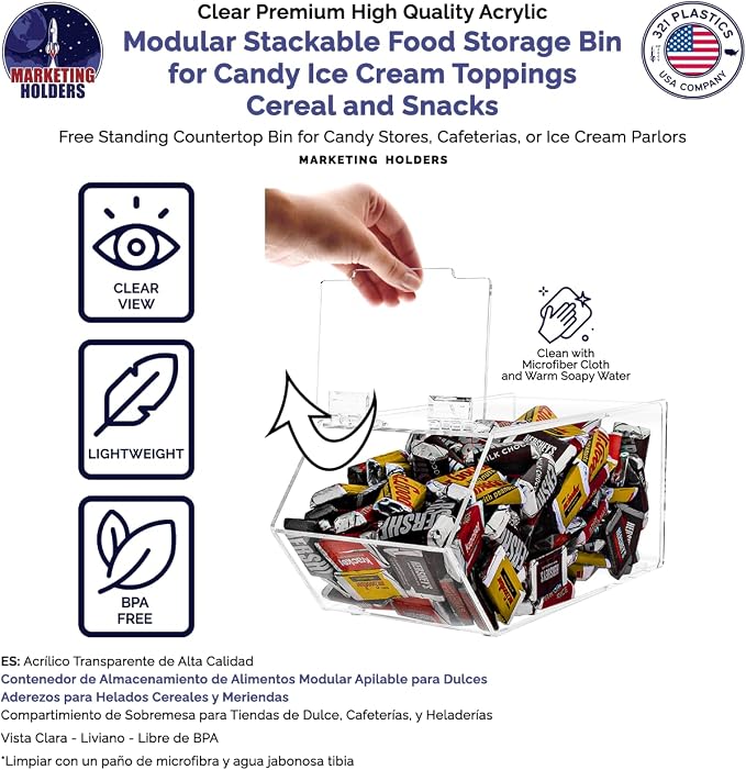 Food Storage Bin with Hinged Lid for Ice Cream Toppings 5" x 11" Candies Nuts Granola Cereal Clear Acrylic Dispenser No Assembly by Marketing Holders - Image 4
