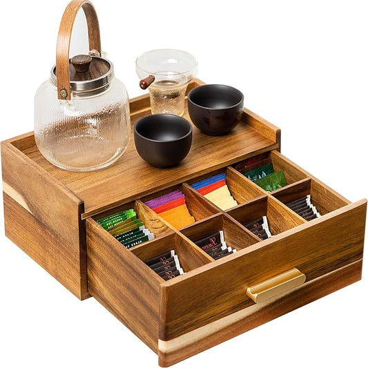 Acacia Wood Tea Bag Organizer, Tea Organizers and Storage Box, Tea Caddy for Tea Bags Storage Drawer, Teabag Holder Container Boxes for Countertop, Tea Station Chest Display Wooden, Organizador De Te by FLYIEE