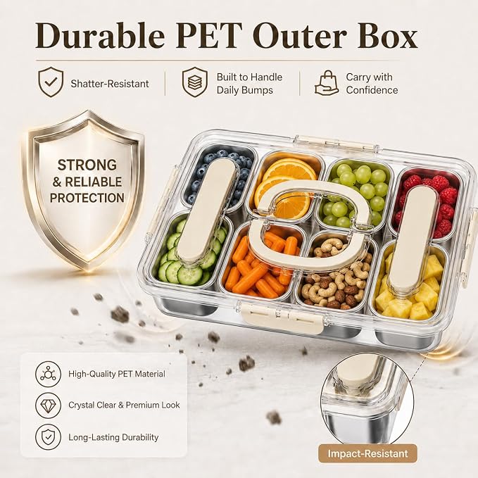 Snackle Box Container, Stainless Steel Divided Serving Tray with Lid, Handle and Forks - Image 2