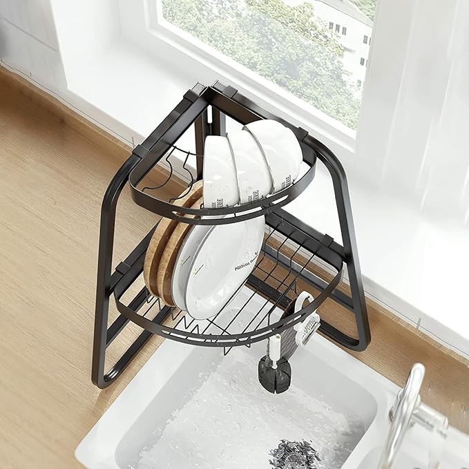 Dish Drying Rack Organization Sturdy Triangle 2 Tier Dish Drainer Multi-Functional Dish Dryer Holder with Utensil Holder Flatware Caddy - Image 3