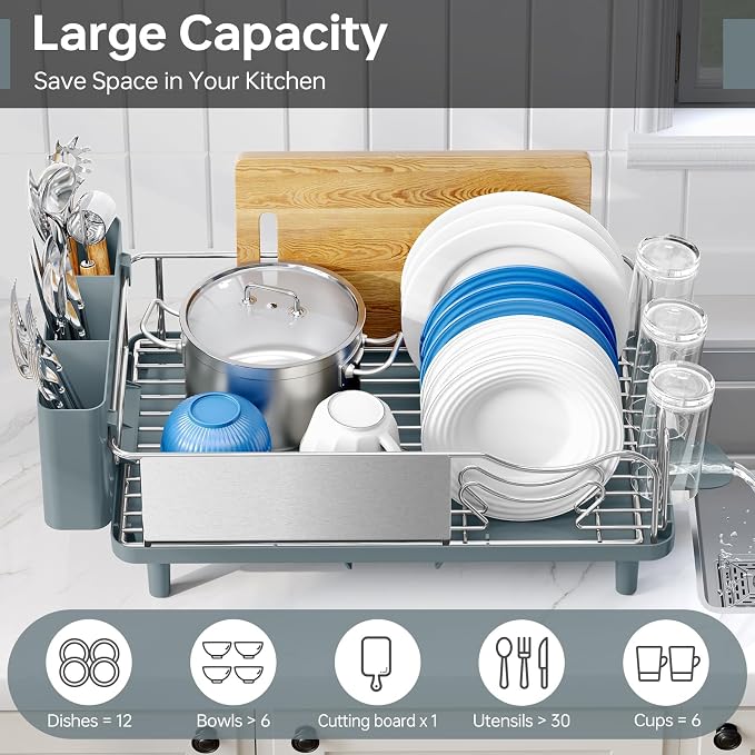 Urackify Dish Drying Rack - Stainless Steel Dish Rack with Auto Drain, Blue | Rustproof Dish Drainer with Cutlery Holder & Auto Drain, 16.9" L x 12.4" W Big Load for Plate Dish Sliverware, Light Geen - Image 3