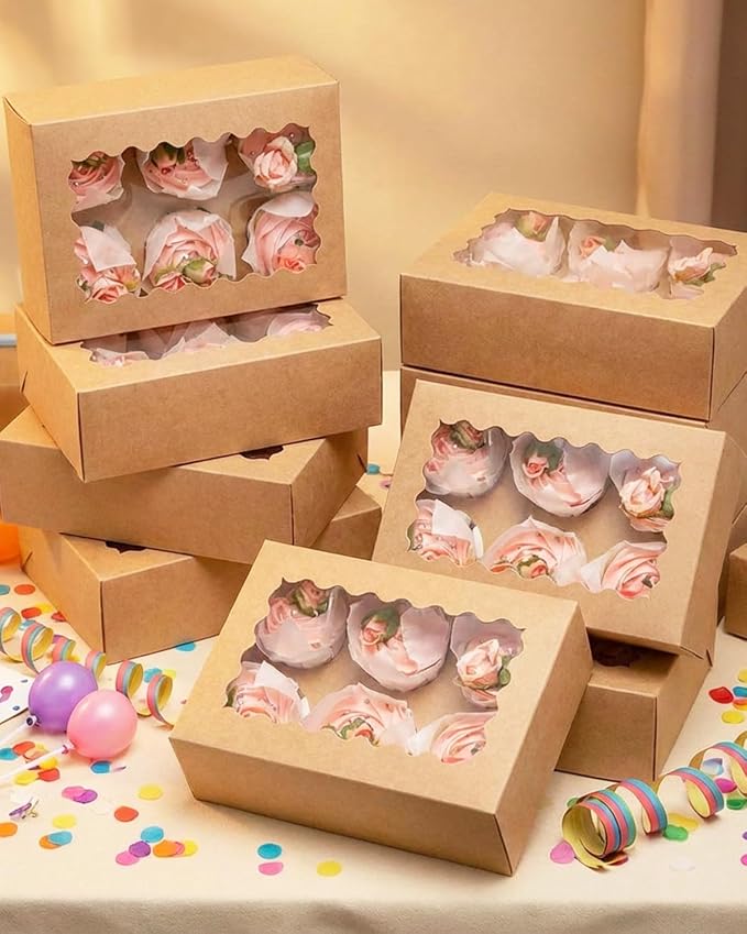 qiqee Auto-pop Up Cupcake Boxes with Window Brown 100PCS 6 Count Cupcake Box 9.4"x6.1"x3" Cupcakes Carrier, 6 Cupcake Containers - Image 6