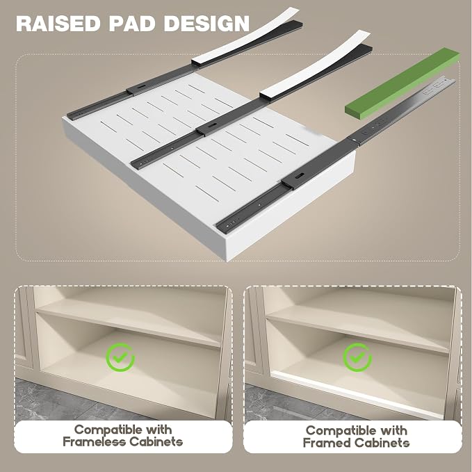 Seinloes 2 Pack Pull Out Cabinet Organizer 19" Deep,Full Extension 3 Slide Rails Slide Out Drawers With Raising Pad for Framed Cabinets,Expandable Width (15.4"-26.2"),No Drill Roll Out shelf,White - Image 2