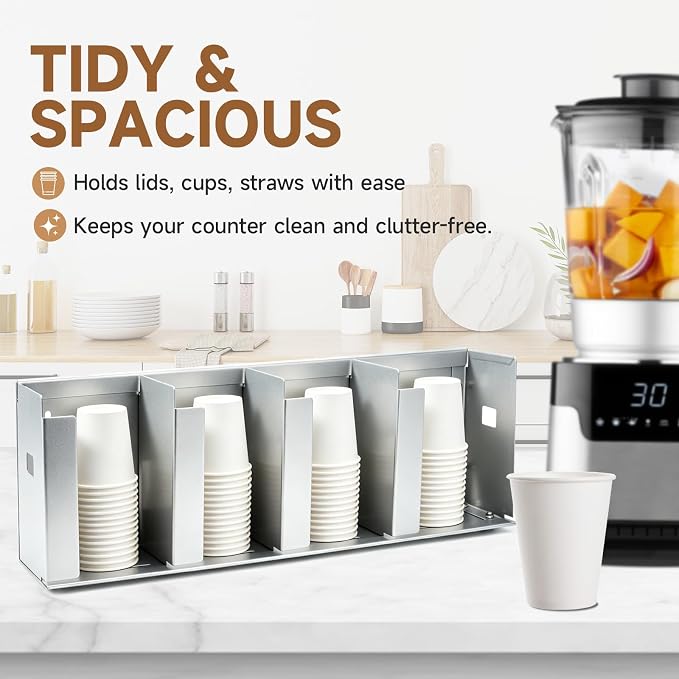4 Compartments Stainless Steel Cup Dispenser | Adjustable Divider Organizer for Cups and Lids for Kitchen Coffee Bar Restaurant and Office Breakroom - Image 6