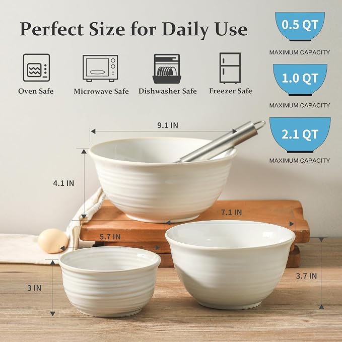 HASENSE Ceramic Mixing Bowls Set, 2.1/1.0/0.5 Qt, Handmade Salad Serving Bowls for Kitchen, Deep Nesting Dishes for Storage and Baking, Microwave Dishwasher Safe, Clay-Infused White - Image 2