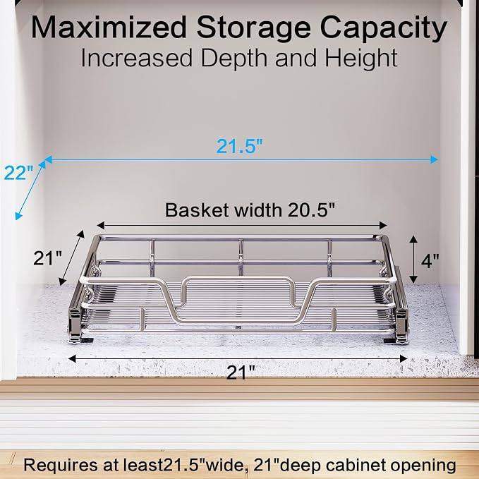 Kitchen Cabinet Pull Out Shelf and Drawer Organizer Slide Out Pantry Storaqe Basket in Multiple Sizes (21" W x 21" D,1 Tier) - Image 2