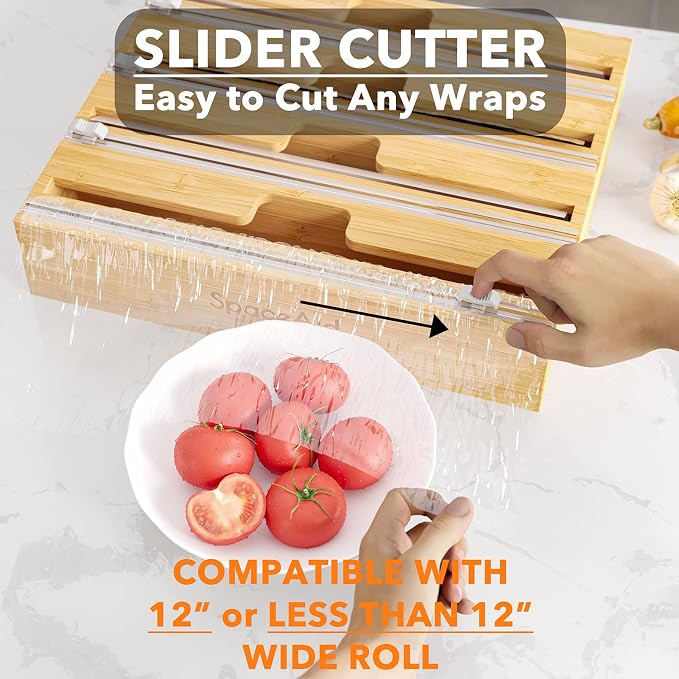 SpaceAid WrapNeat 4 in 1 Wrap Organizer with Cutter and Labels, Plastic Wrap, Aluminum Foil and Wax Bamboo Dispenser for Kitchen Storage Organization Holder for 12" Roll (Natural, 4-Slot) - Image 5