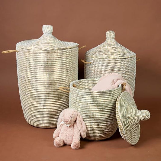 White Wicker Storage Basket Set for Living Room, Nursery, Bathroom and Bedroom, Set of 3pcs by Senegalo