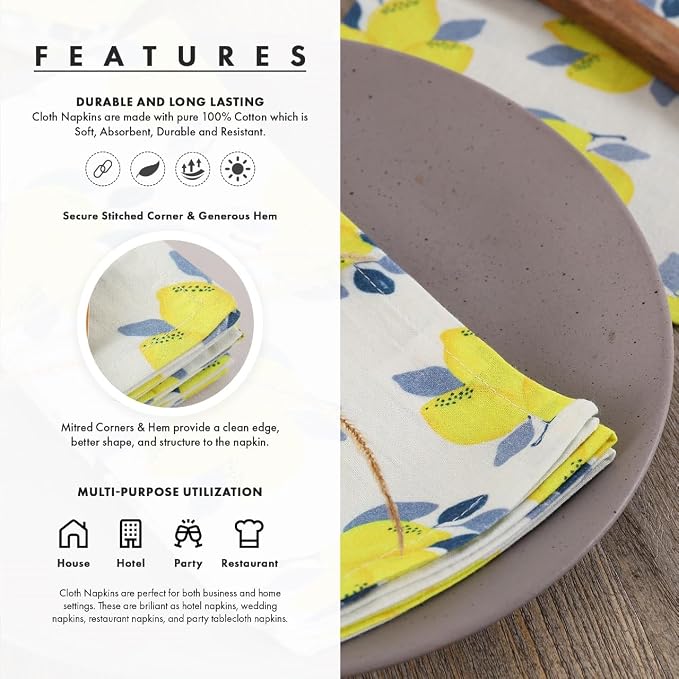 Printed Cotton Cloth Napkins Fall Dinner Napkin Set Reusable Machine Washable Fabric for Gifting, House Party Events, Home Decor, Craft - 18"x18" - Set of 4 - Lemon Print - Image 6