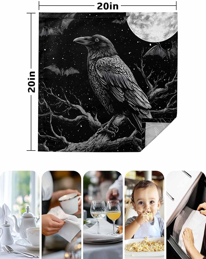 Kitchen Cloth Napkins 2 Pack Halloween Crow Bat Moon Dinner Napkins Soft Table Napkin for Family Dinners Cocktail Parties Wedding, Washable & Reusable, 20" x 20" - Image 5