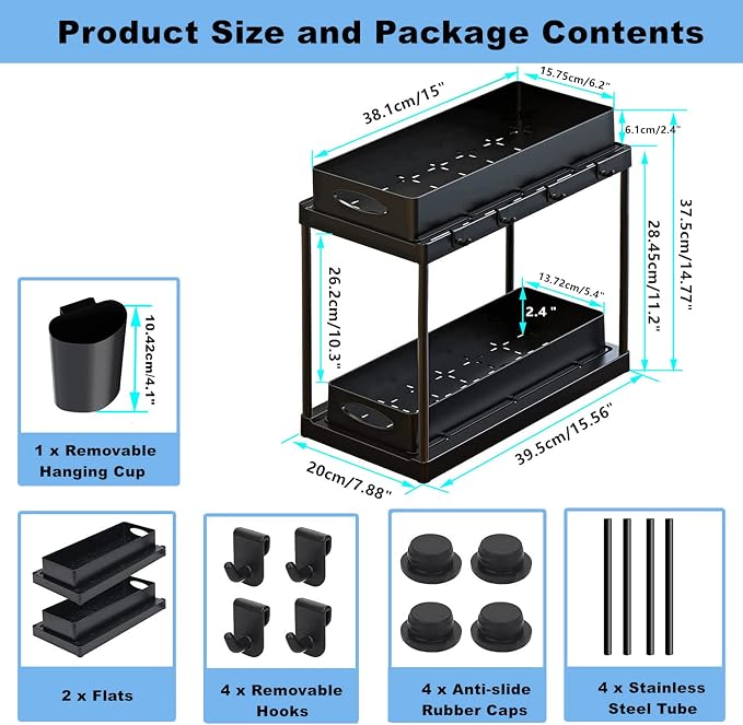 Double Sliding Cabinet Basket Organizer Drawers, 2 Tier Slide Out Under Sink Organizers Storage Under Cabinet Bathroom Organizer with Hooks & Hanging Cup for Kitchen Countertop (Black) - Image 3