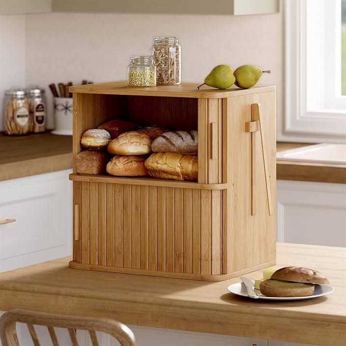 WOWLIVE 2-Tier Roll Top Bread Box for Kitchen Countertop Storage Cabinet | Double Layer Bamboo Bread Boxes with Sliding Doors, Extra Large Bread Storage Cabinet for Loaves & Pastries, Natural - Image 6