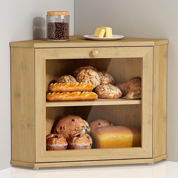 Goozii Bamboo Corner Bread Box for Kitchen Counter, 2 Tier Bread Keeper Wooden Round, Farmhouse Bread Storage Bin for Kitchen Countertop, Counter Organizer for Bread, Cup, Fruit, Spice, Snack by Goozii
