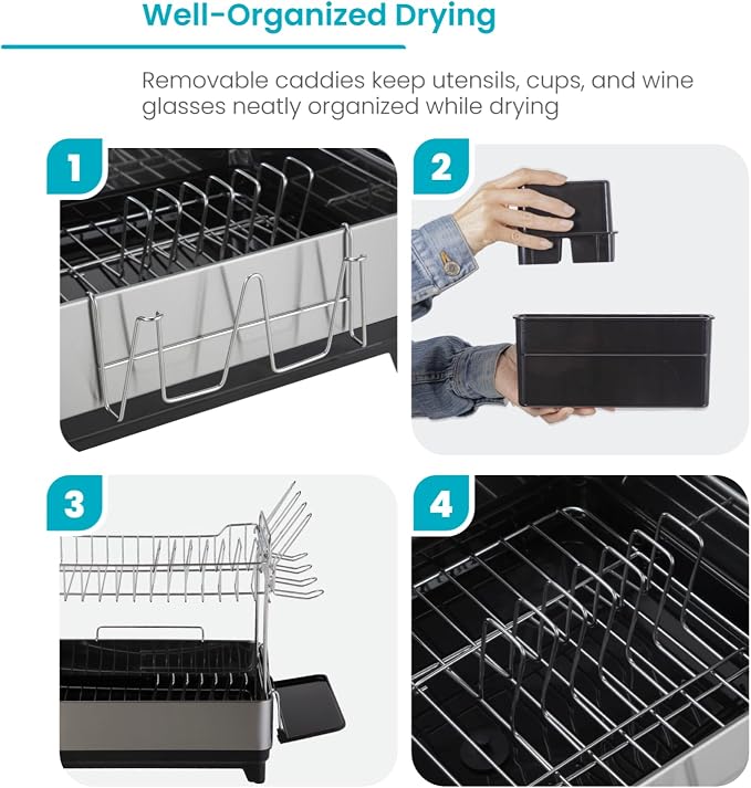 Home Zone Living Dish Drying Rack for Kitchen Counter with 2-Tiers | Stainless Steel with Drip Tray, Extendable Water Drainage Pipe, and Holders for Utensils, Wine Glasses and Cutting Board - Image 4