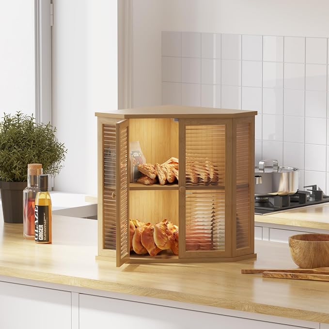 Corner bread box Bread Box for Kitchen Countertop - Corner Bread Storage Box 16.5" H, Premium Wood with Glass Door, Perfect for Homemade Bread, Baguettes & Pastries (Baoboo wood) - Image 6