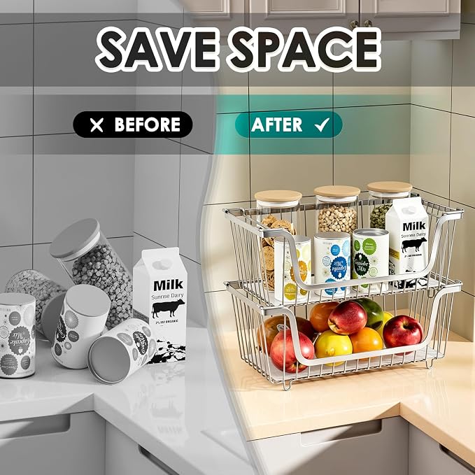 4 Pcs Stackable Wire Baskets for Pantry Organizers and Storage,silver | Vegetable Fruit Basket for Countertop,Kitchen Storage Metal Baskets,Produce Potato Onion Storage Bin, - Image 2