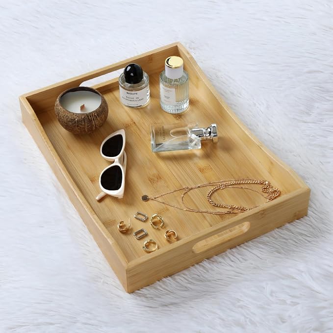 Gobam Bamboo Serving Tray with Handles (16.5-Inch), Solid Decorative Wood Tray for Ottoman Coffee Table, Natural Rectangle Breakfast in Bed Tray for Eating, Food and Drinks Platter - Image 4