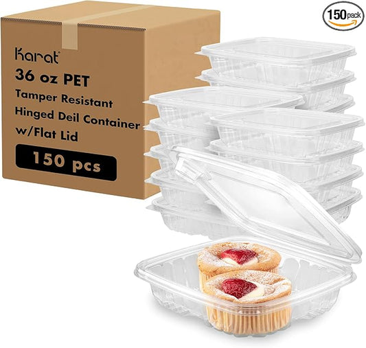 Karat 36oz PET Tamper Resistant Hinged Deli Container [150 ct] - Plastic Clamshell Food Containers, Easy Open Pull-Tab for Restaurants & Takeout by Karat