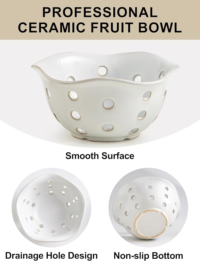 Gomakren Fruit Basket Set of 2, Ceramic Fruit Bowl Berry Basket with Holes, 7.6 Inch Fruit Containers Colander for Fridge - Farmhouse Kitchen Decor, White - Image 4