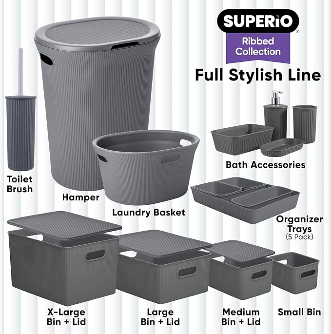 Superio Ribbed Collection - Decorative Plastic Basket Open Home Storage Bins Organizer, Grey (Set of 3) 1 X-Large, 1 Large, 1 Medium - Container Boxes for Organizing Closet Storage Bins for Shelves - Image 9