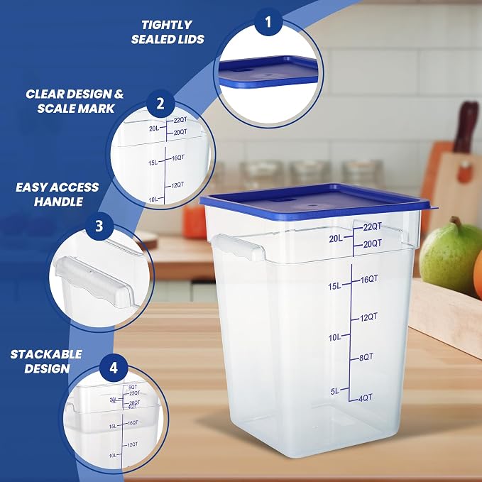 4 Pack 22QT Square Food Storage Containers with Lids | Clear NSF polycarbonate containers with scale, label and measuring cup, stackable for prep, storage, freezer. Dishwasher safe - Image 4