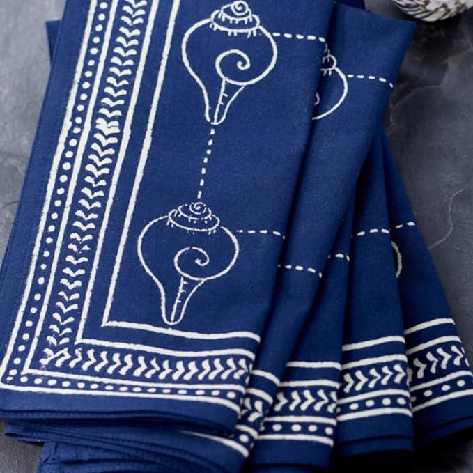 100% Blue Cotton Dinner Napkins, Set of 6, Hand Printed Pacific Blue Design, Fair Trade, Washable Cloth Napkins for Parties & Cocktails 20x20 in by SaffronMarigold