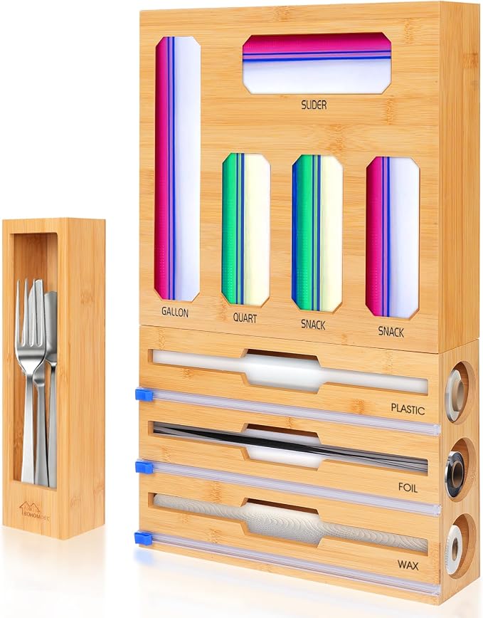 Bamboo Ziplock Bag Organizer for Kitchen Drawer & Wall Mount, Food Storage Baggie Holder, Fits Gallon Quart Sandwich Snack Freezer & Slider Bags, No Assembly, 9 in 1,Natural Color by BOHOMDEC