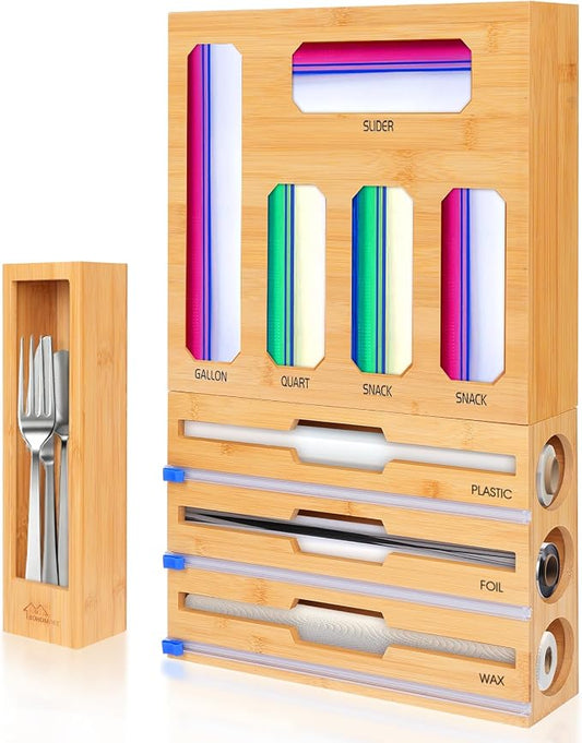Bamboo Ziplock Bag Organizer for Kitchen Drawer & Wall Mount, Food Storage Baggie Holder, Fits Gallon Quart Sandwich Snack Freezer & Slider Bags, No Assembly, 9 in 1,Natural Color by BOHOMDEC