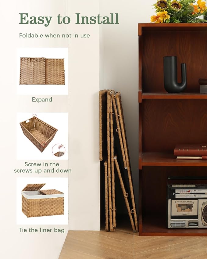 SETVSON Storage Basket with Lid Rattan Woven Storage Baskets with 2 Separate Lids, 17.2 Gallon (65 L), 22 x 13 x 13.8 Inches,Foldable, 2 Removable Liner Bags Handles for Bedroom, Laundry Room Natural - Image 6